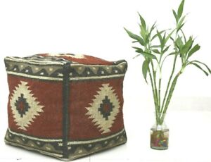 Kilim Pouf Cover Jute Ottoman Cover Handwoven Indian Footstool Pouf Case