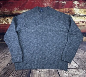 Gap Wool Sweater Mens Large Gray Fisherman Thick Chunky Knit V Neck Pullover Vtg - Picture 1 of 14