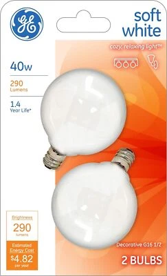 GE 44414 2 Pack 40 Watt Soft White Globe Light Bulbs w Candelabra Base - Image 1 of 4