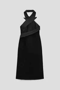 Ladies NEW Zara Studio Tuxedo Dress Maxi Halter Neck Black Satin Party Size M - Picture 1 of 14