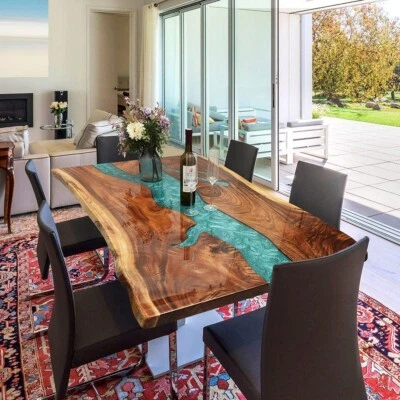 Custom walnut wood Peacock Blue Epoxy River Tables -  Handmade Dining table - Image 1 of 4