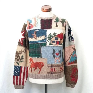 90s Vintage Ralph Lauren Polo Country Patchwork Sweater Rare L - Picture 1 of 9