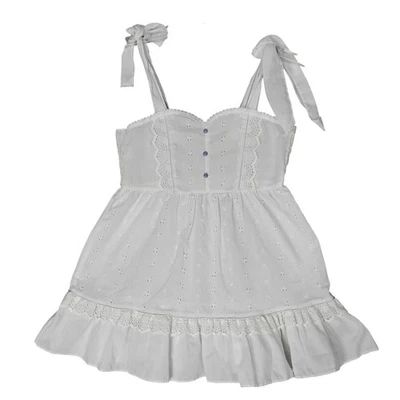 Vintage Eyelet Girls Dress Size 6 White & Purple Buttons Decor Tie at Shoulders - Image 1 of 4