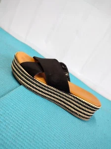 A.N.A Erin Black Creme Stripe Open Toe Platform Wedge Sandal Size 8.5 - Picture 1 of 10