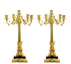 Pair of 6 Light Gold Plated Cherub Marble Empire Bronze Candelabra - Picture 1 of 12