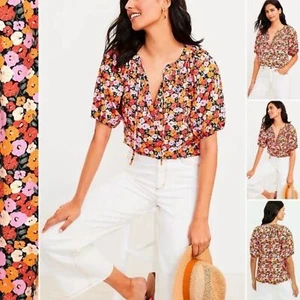 LOFT Floral Boho Blouse Tie Split Neck Woven Women L Puff Sleeve Elastic Cuff - Picture 1 of 8