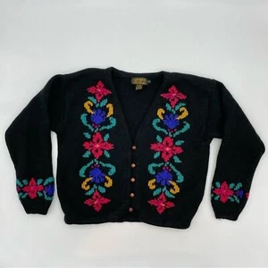 Vintage Eddie Bauer Cardigan Sweater Women's Floral Black V-Neck Twee Retro 90s - Picture 1 of 12