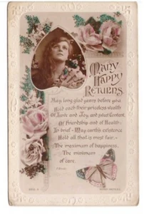 Many Happy Returns, Girl, Roses, Butterfly, Foto Postal de Rotary, Poema de F Brooks - Imagen 1 de 2