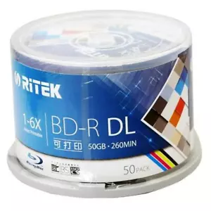 50 Pack Blank Ritek 50GB Printable Blu-ray Dual Layer BD-DL 2-8X Media DVD Discs - Picture 1 of 6