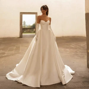 Ivory Satin Wedding Dresses With Pockets Strapless Backless Pleated Bridal Gowns - Picture 1 of 6