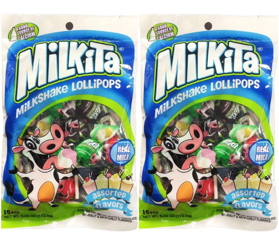 2 BAGS Milkita Milk Lollipops 15 pcs 6.08oz Banana Melon Strawberry Chocolate - Image 1 of 1