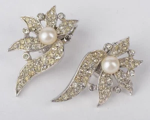 Orecchini Vintage Stannard Finta Perla Strass Cristallo Bottone Clip su 1,22" - Foto 1 di 10