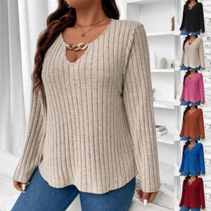 PLUS SIZE ⭐ Women Chain V-Neck Long Sleeve Solid T-Shirt Casual Tunic Tops Tee - Picture 1 of 25