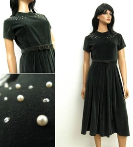 Vintage 50s Dark Green Cotton Velvet Cocktail Dress XS Pearls Rhinestones Formal - Picture 1 of 12