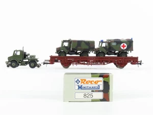 HO Scale Roco Minitanks 825 Flat Car w/ 3 Military Vehicles - Picture 1 of 12