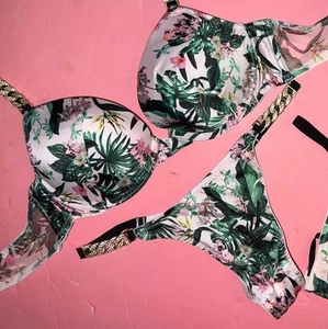 Victoria's Secret 36C,36D BRA SET SATIN GREEN pink PALM Orchid Gold Shine STRAP - Picture 1 of 4
