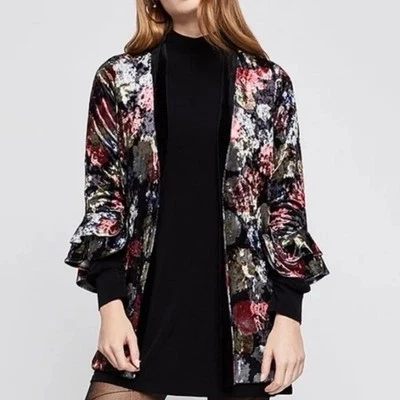 BCBG Generation Velvet Jacket Womens M Moody Floral Ruffle Sleeves Pockets - Image 1 of 4