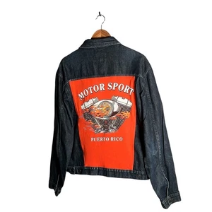 Next Reworked Denim Jacket Mens Size L Blue Harley Davidson Puerto Rico Graphic - Picture 1 of 17