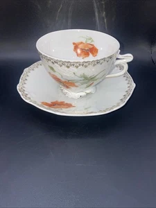 Silesia Clarion Hand Painted Peach Poppies & Gold Tea Cup & Saucer - Picture 1 of 9