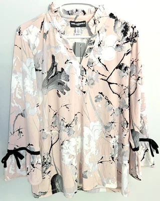 Karl Lagerfeld Paris Blouse Womens Large Pink Floral Ruffle Neck Bell Sleeve NWT - Image 1 of 4