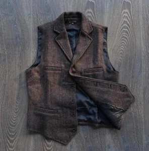 Chaleco de tweed con cuello con muescas de colección para hombre mezcla de lana espiga chaleco moda - Imagen 1 de 26