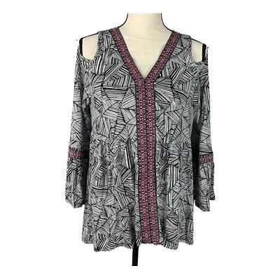Kate & Mallory Knit Top Women Small Cold Shoulder Bell Sleeve Embroidered Ribbon - Image 1 of 4