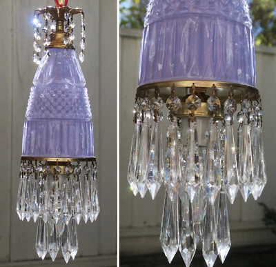 Vintage lavender Lady cupcake purple glass crystal Brass SWAG lamp chandelier - Image 1 of 4