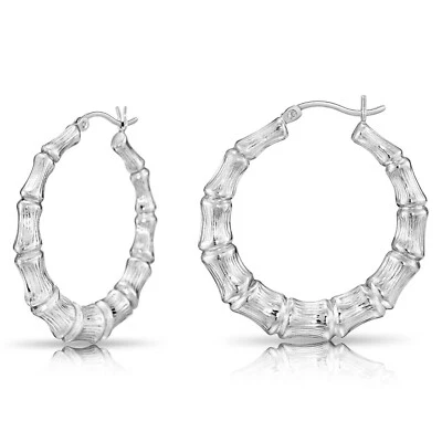 925 Solid Sterling Silver Bamboo Texture Chunky Creole Hoop Earrings All Sizes - Image 1 of 4