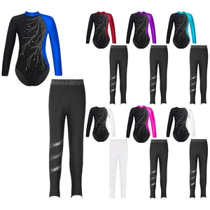 Girls Sets Figure Skating Tracksuits Shiny Outfit 2pcs Leggings Mesh Dancewear - Picture 1 of 78