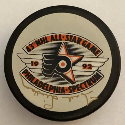 Хоккейная шайба с автографом Теда Линдсея 1992 All Star Game Red Wings Blackhawks НХЛ - Изображение 1 из 4