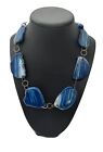 Agate Slice Dyed Blue Striped Stone LUC 925 Sterling Silver Gemstone Necklace