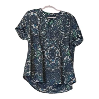 Coral Bay Blouse Womans XL Floral Blue/Green Short Sleeve V Neck Rayon Blend - Image 1 of 2