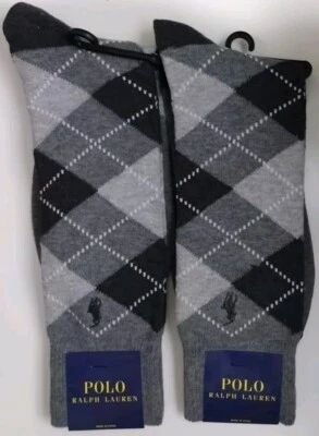Lote de 2 meias sociais Polo Ralph Lauren masculinas 6-12,5 cinza/preto/branco novas em folha  - Imagem 1 de 4