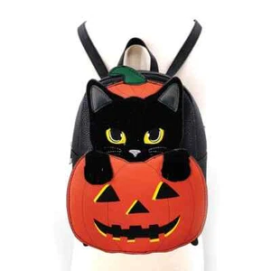 Furry Black Cat in Jack O Lantern Pumpkin Mini Backpack - Halloween Bag - Picture 1 of 3