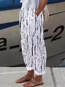 Black White Print Dual Pockets Loose Pants Casual Comfy Pants Women Clothing New - Picture 1 of 4