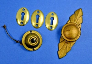 Vintage hardware pieces: Brass Keyholes,  Service Buzzer + Doorknob w backplate - Picture 1 of 6