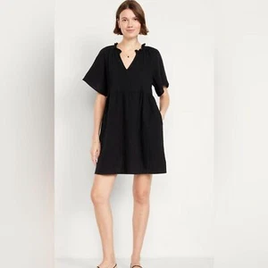 Split-Neck Crinkle Gauze Mini Swing Dress Size Medium Black Lightweight Dress - Picture 1 of 7