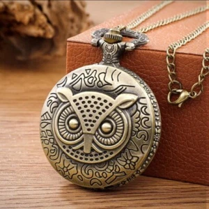 Antique Bronze Owl Design Steampunk Quartz Pocket Watch Necklace with Chain - Picture 1 of 3