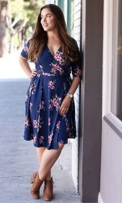 Kiyonna Dress Blue Pink Floral 1X Essential Wrap Style Feminine True Wrap V Neck - Image 1 of 4
