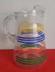 Vintage Anchor Hocking Primärfarbe Regenbogen gestreift Glaskrug - Mid Century - Bild 1 von 8