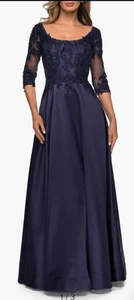 La Femme 27988 Three Quarter Sleeve Gown with Lace Sheer Back NWOT Size 16 Blue - Picture 1 of 6