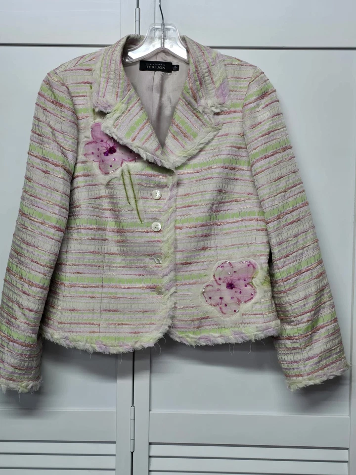 Rickie Freeman Teri Jon Bonito Rosa Verde Blanco Rayas Deshilachado Dobladillo Cuentas Talla 12 Foto 1 de 4