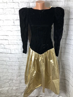 VTG 80s Black Velvet Gold Metallic Dress Large Bow Prom Dress - Image 1 of 4