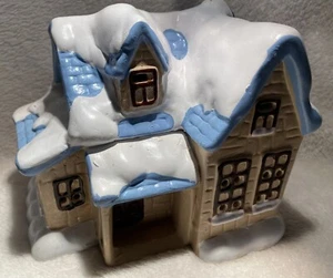Porcelain Christmas Village Decorative Winter Blue/Brown House Lighted 5" x 6" - Picture 1 of 9