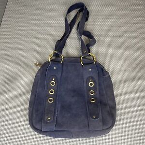 Vintage Suede Leather Handbag Purse Navy Blue Gold Double Handle Zip Closure