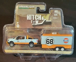 Greenlight CHASE 2015 Ford F-150 Gulf Oil W/ Enclosed Trailer, Hitch & Tow, 1:64 - Picture 1 of 2