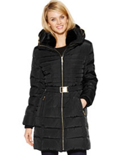 MICHAEL Michael Kors piumino con cintura e collo in pelliccia sintetica M nero era $330