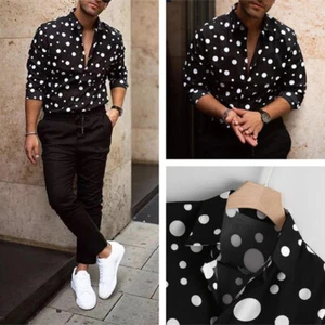Men Retro Polka Dots Shirt Casual Long Sleeve Button Down Vintage Top Loose - Picture 1 of 14
