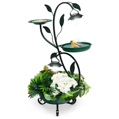 Vogeltränke mit Blumentopf, Solarleuchte Vogelbad Deko Futterspender Futterplatz - Bild 1 von 4