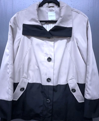 Women Rain Coat XL Beige Black Coated Color Block Trench Jacket Preppy - Image 1 of 4